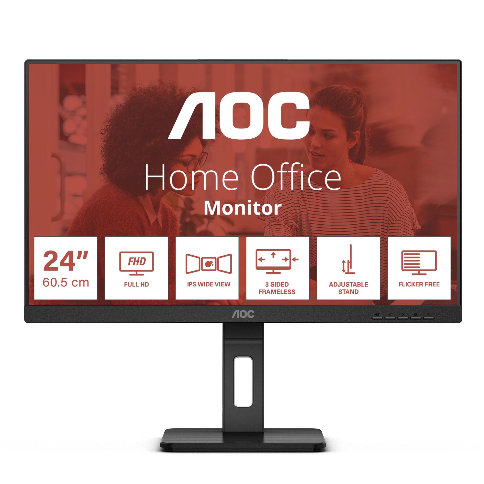 Monitor AOC 24E3QAF de 23,8 polegadas Full HD IPS, vista frontal.